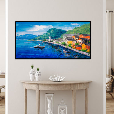 Mountains Near Blue Lake Artistic Scenery Canvas Floating Frame Wall Painting