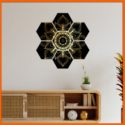 Golden Flower On Black Background Hexagonal Canvas Wall Painting - 7pcs