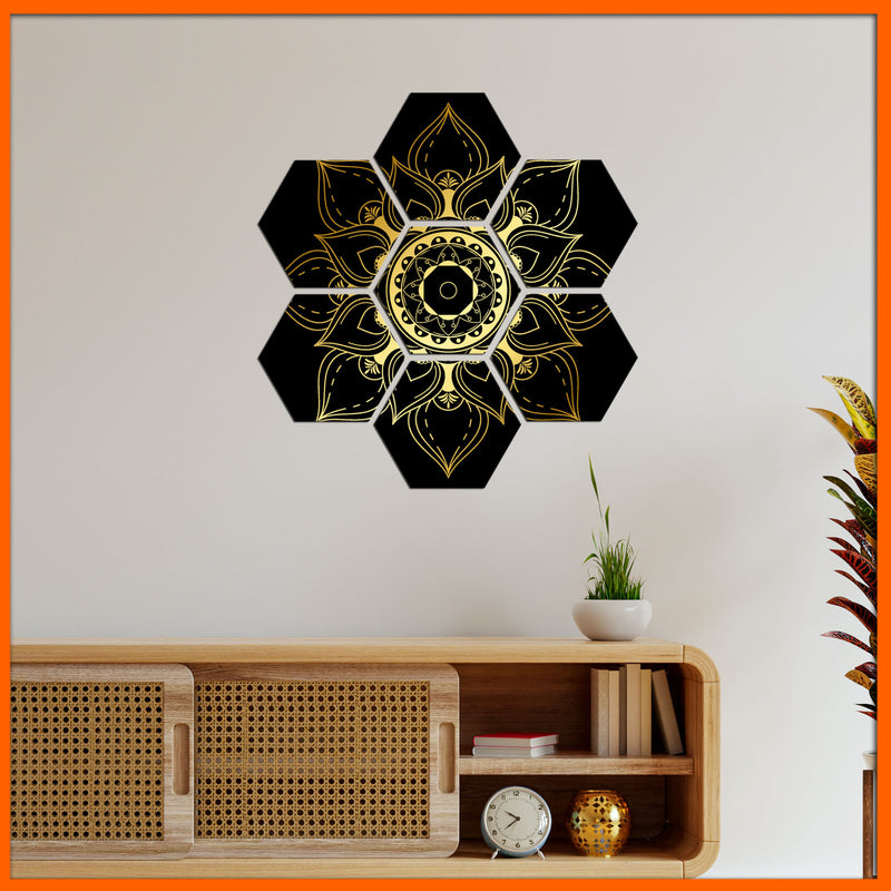 Golden Flower On Black Background Hexagonal Canvas Wall Painting - 7pcs