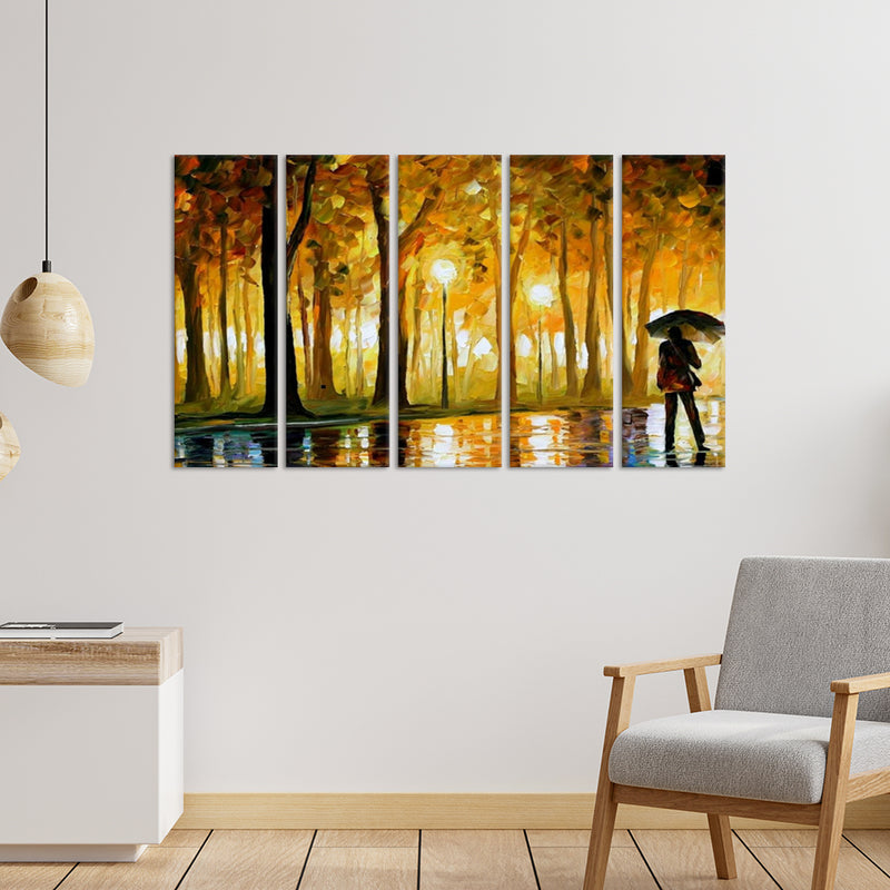 Lonely Man In Forest Canvas Wall Painting - With 5 Panel