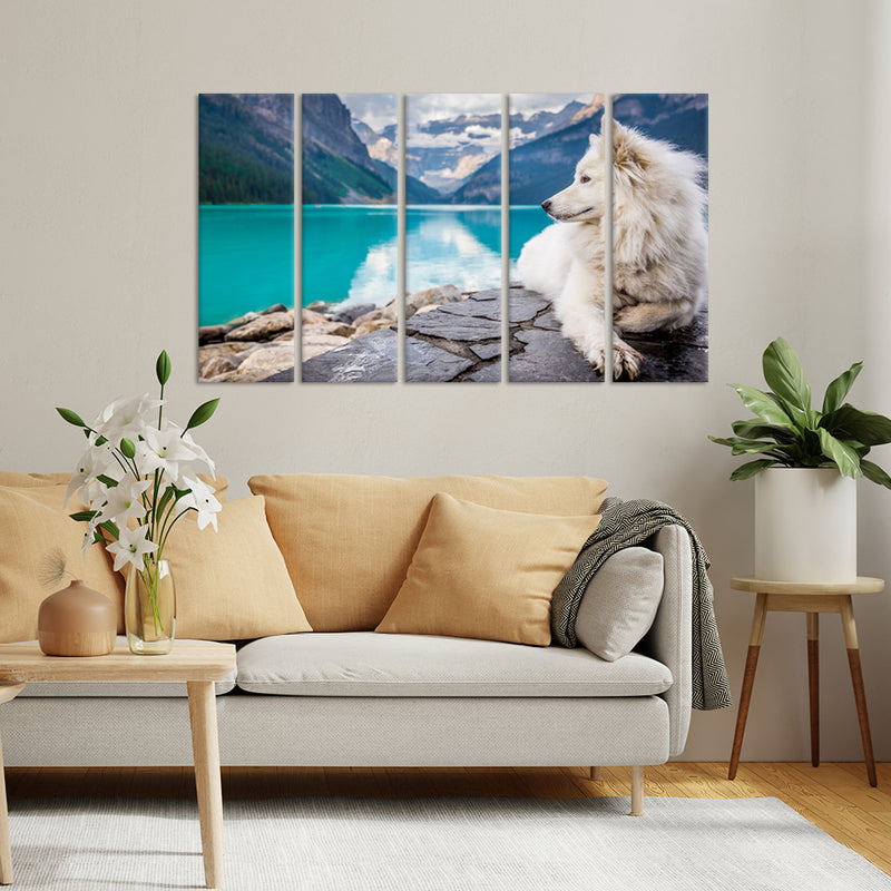 A White Dog Sitting On A Rock Canvas Wall Painting - With 5 Panel