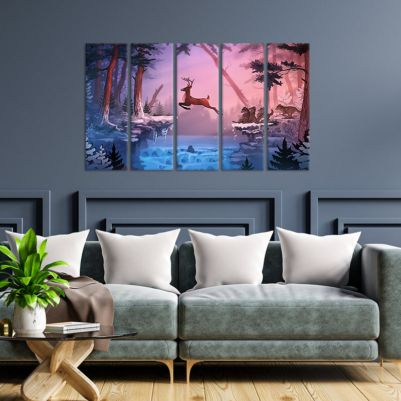 Abstract Deer Canvas Wall Painting - With 5 Panel