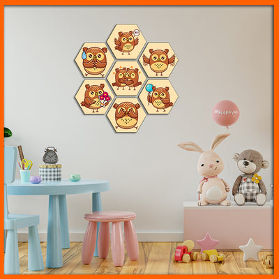 Cute Owl Hexagonal Canvas Wall Painting - 7pcs