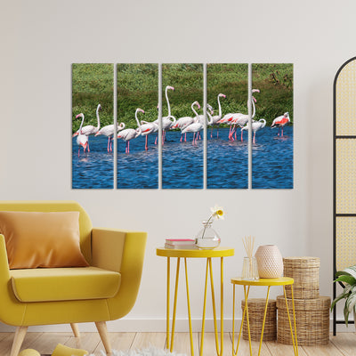 A Group of Flamingos In Water Canvas Wall Painting - With 5 Panel