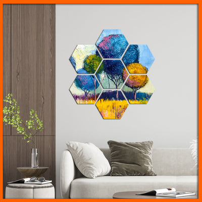 High On Happiness Colorful Artistic Tree Hexagonal Canvas Wall Painting - 7pcs