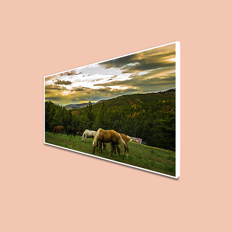 Horses Grazing On Mountain Landscape Floating Frame Canvas Wall Painting