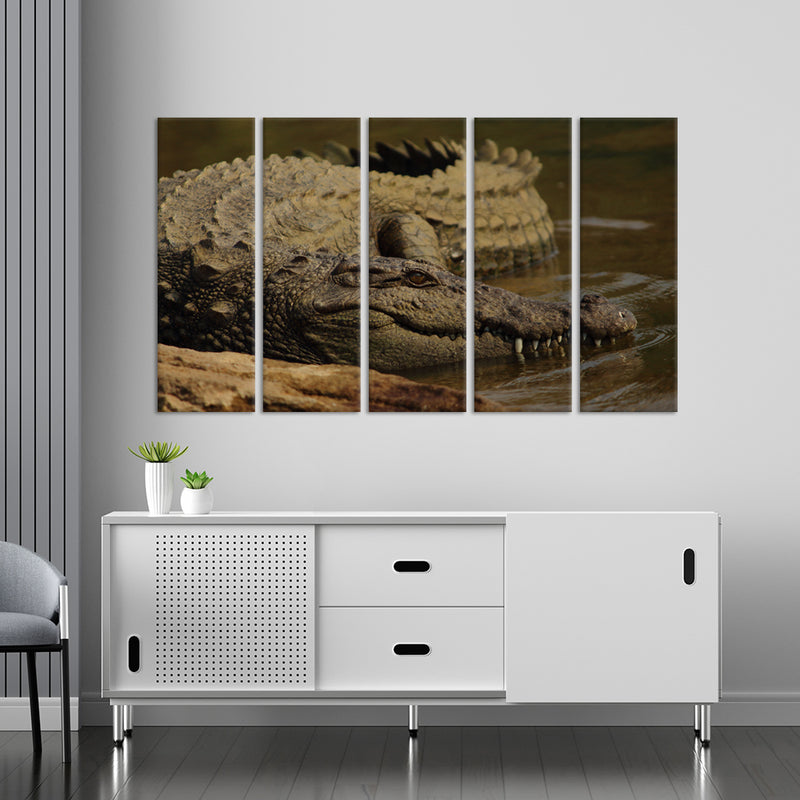 Crocodile In Water Canvas Wall Painting - With 5 Panel