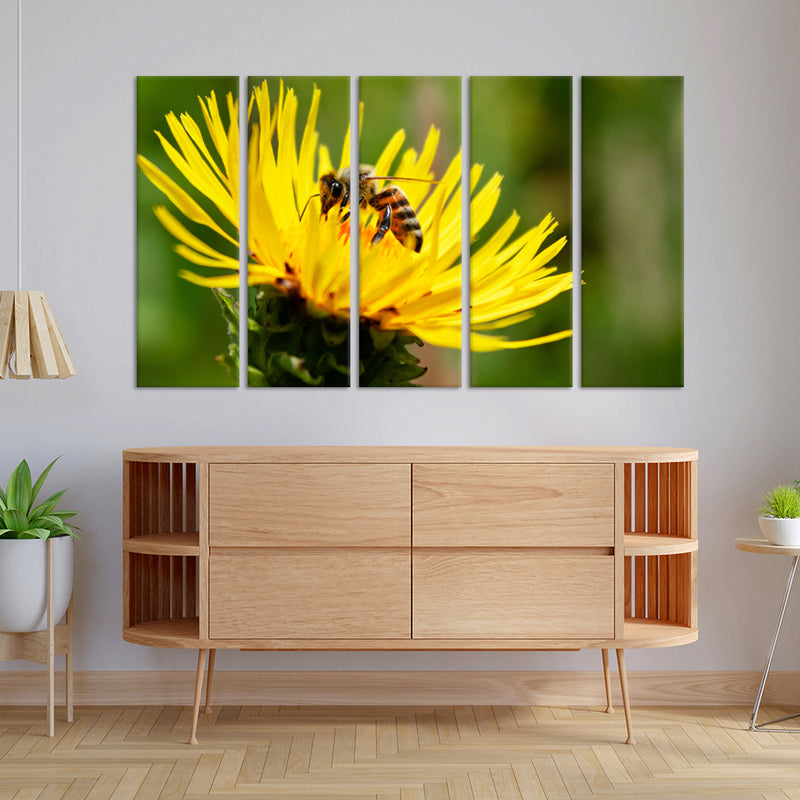 Bee On Sun Flower Canvas  Wall Painting - With 5 Panel