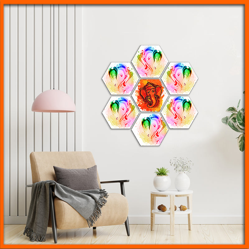 Colorful Abstract Ganesha Hexagon Canvas Wall Painting - 7pcs