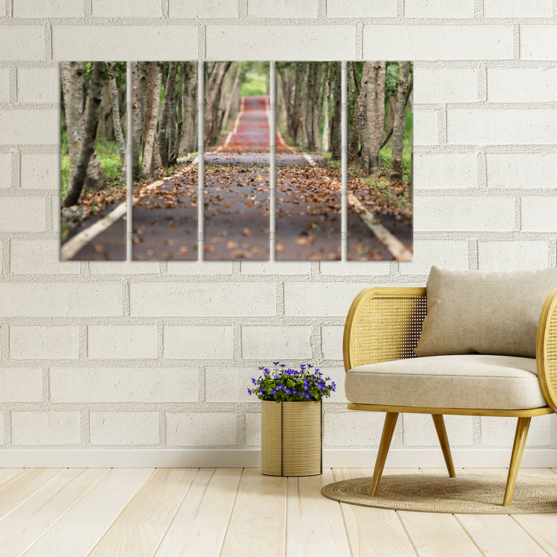 Autumn Road View Canvas Wall Painting - With 5 Panel