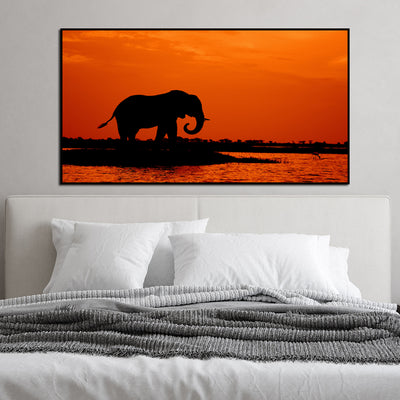 Elephant During Sunset Canvas Floating Frame Wall Painting