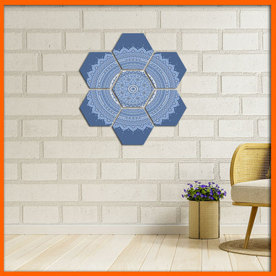 Blue Flower Mandala Hexagonal Canvas Wall Painting - 7pcs