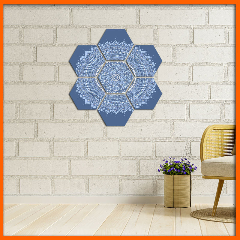 Blue Flower Mandala Hexagonal Canvas Wall Painting - 7pcs