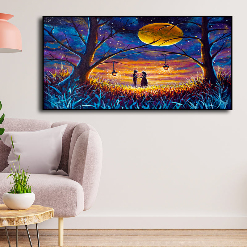 Couple In Forest At Night Under Moon Floating Frame Canvas Wall Painting