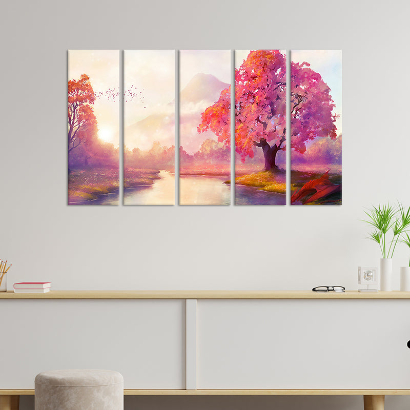Autumn Tree Modern Art Painting Canvas Wall Painting - With 5 Panel
