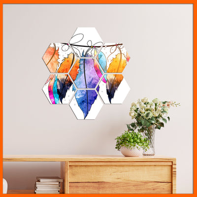 Boho Feather Design Hexagonal Canvas Wall Painting - 7pcs