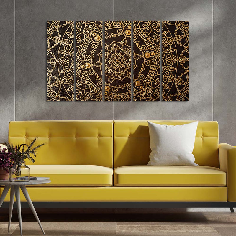 Golden Mandala Art Canvas Wall Painting - With 5 Panel