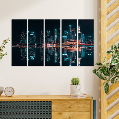 City Reflection At Night Canvas Wall Painting - With 5 Panel
