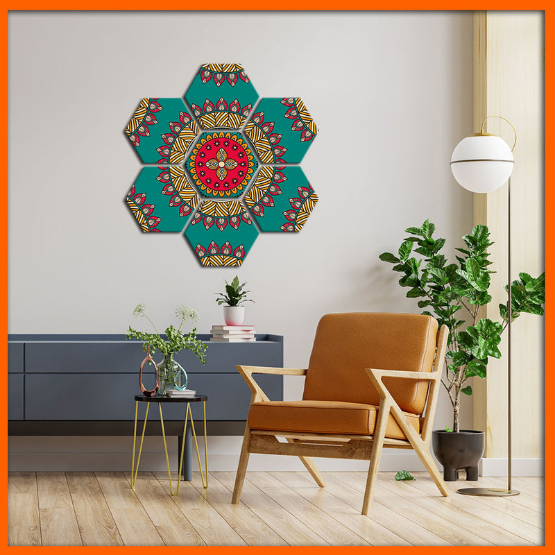 Colorful Pattern Mandala Hexagonal Canvas Wall Painting - 7pcs