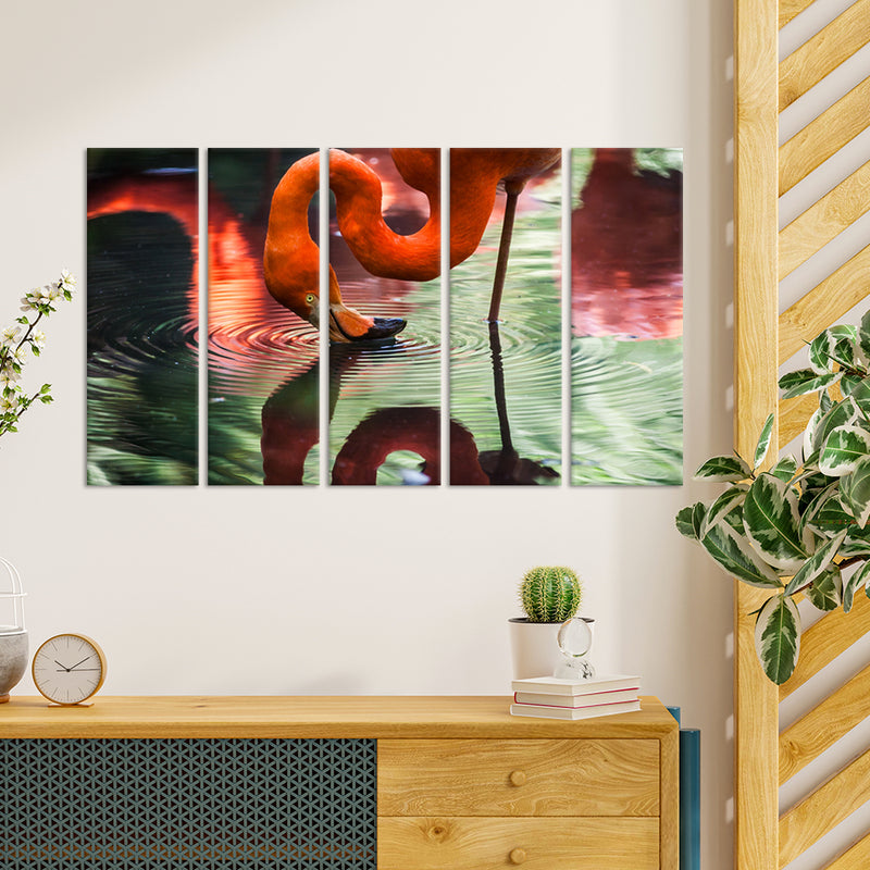 A Pink Flamingo Drinking Water Canvas Wall Painting - With 5 Panel