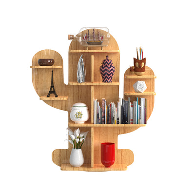 Cactus Shape Wood Wall Shelf / Book Shelf, Oak Finish