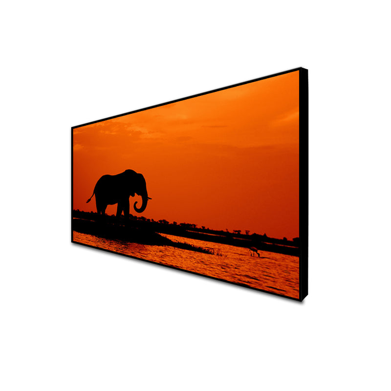 Elephant During Sunset Canvas Floating Frame Wall Painting