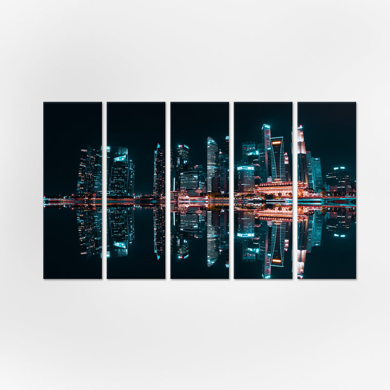 City Reflection At Night Canvas Wall Painting - With 5 Panel