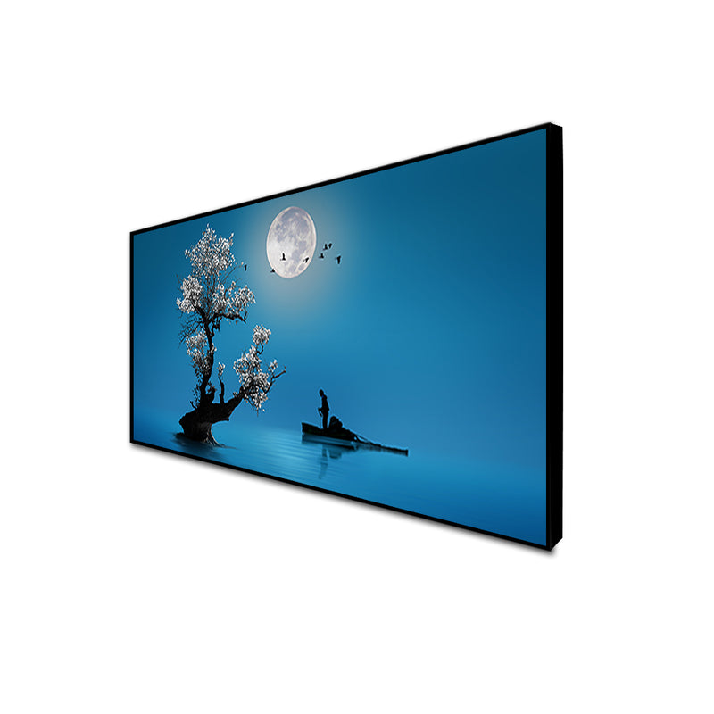 Fishing Under The Moon Light Canvas Floating Frame Wall Painting