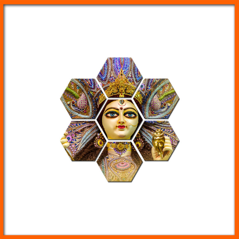 Elegant Durga Maa Face Hexagonal Canvas Wall Paintings
