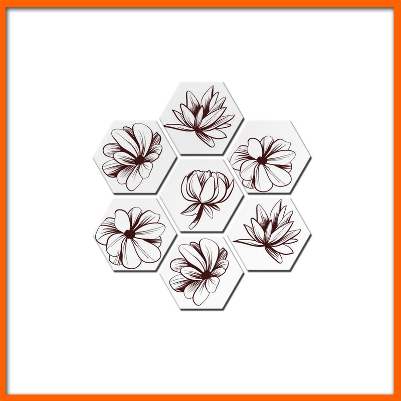 Brown Flowers Hexagonal Canvas Wall Painting - 7pcs