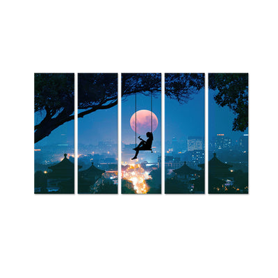 Night View With Moon & Girl Canvas Wall Painting - With 5 Panel