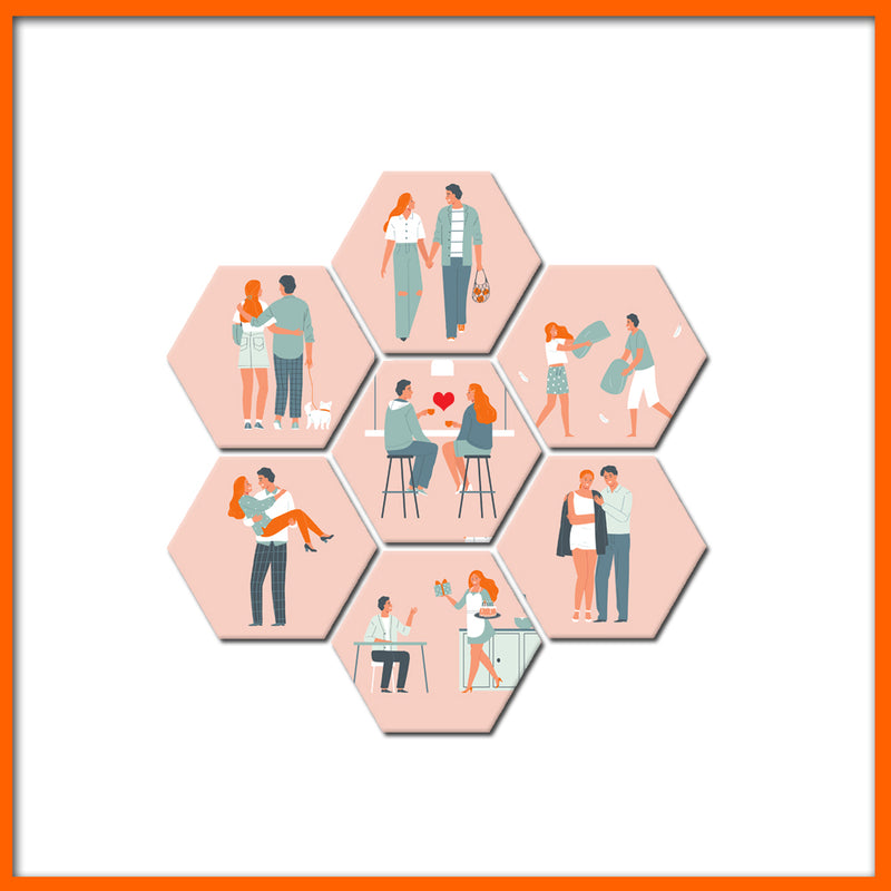 Couple Illustration Hexagonal Canvas Wall Painting - 7pcs