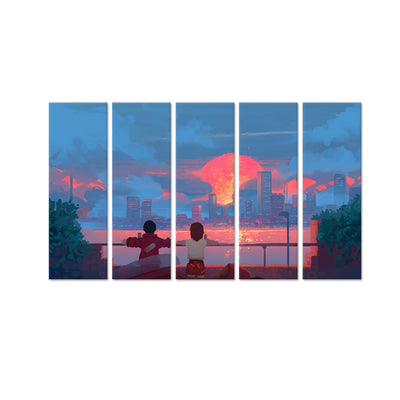Couple Illustration Canvas Wall Painting - With 5 Panel