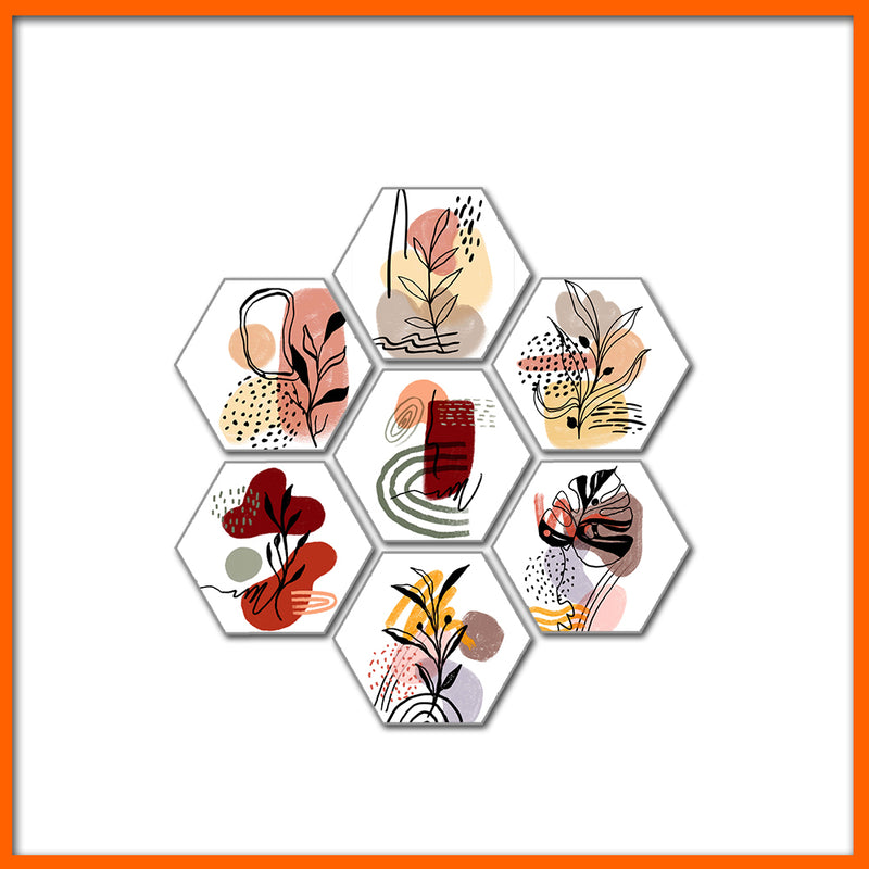 Boho Flowers Hexagonal Canvas Wall Painting - 7pcs