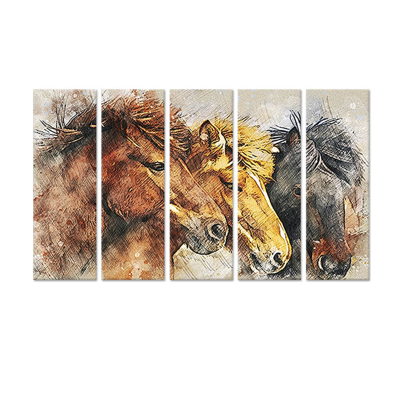 Colorful Three Horses Canvas Wall Painting - With 5 Panel