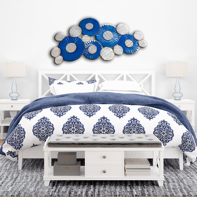 Blue Flower and White Leaf Design  Large Metal Wall Art