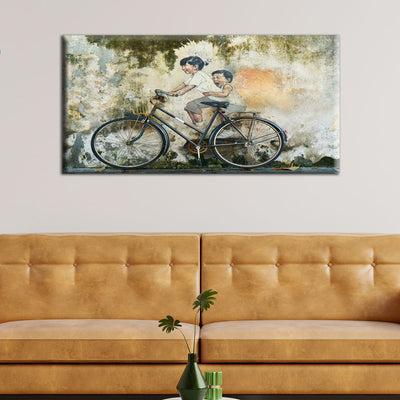 Kids On Old Bicycle Artistic View Canvas Wall Painting