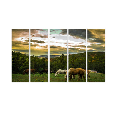 Horses Grazing On Mountain Landscape Canvas Wall Painting - With 5 Panel