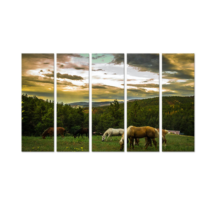 Horses Grazing On Mountain Landscape Canvas Wall Painting - With 5 Panel