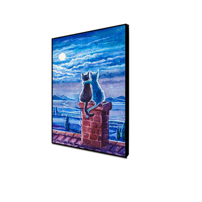 Cats Sitting On Roof Under Moonlight Floating Frame Canvas Wall Painting