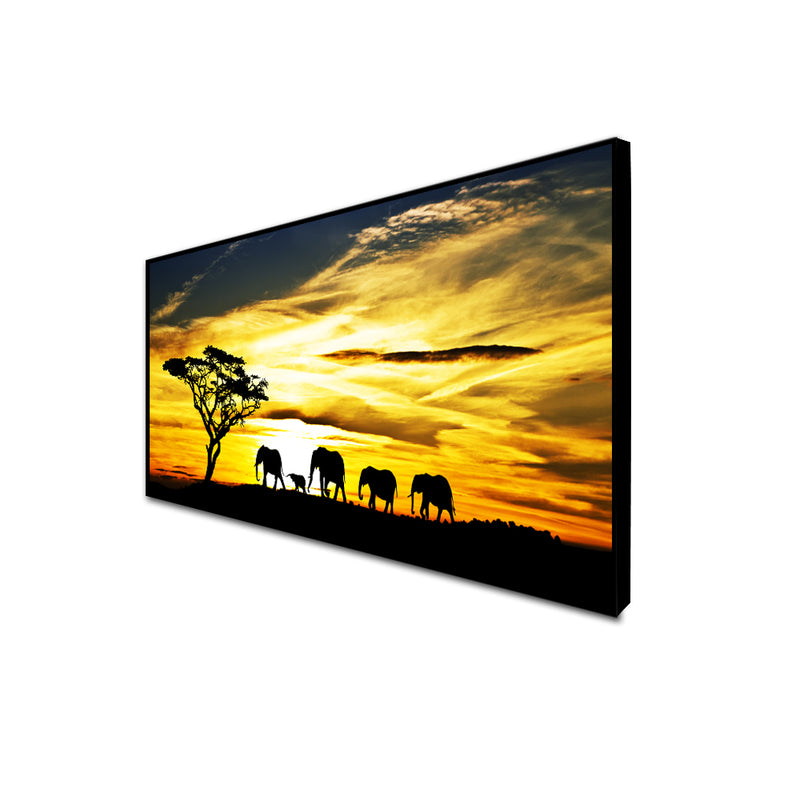 Beautiful View of Elephant Family Canvas Floating Frame Wall Painting