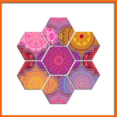 Colorful Mandala Art Hexagonal Canvas Wall Painting - 7pcs