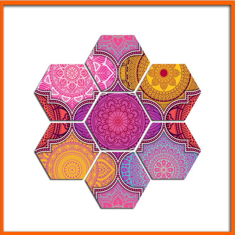 Colorful Mandala Art Hexagonal Canvas Wall Painting - 7pcs