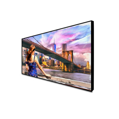 Girl Standing Into Brooklyn Bridge Canvas Floating Frame Painting