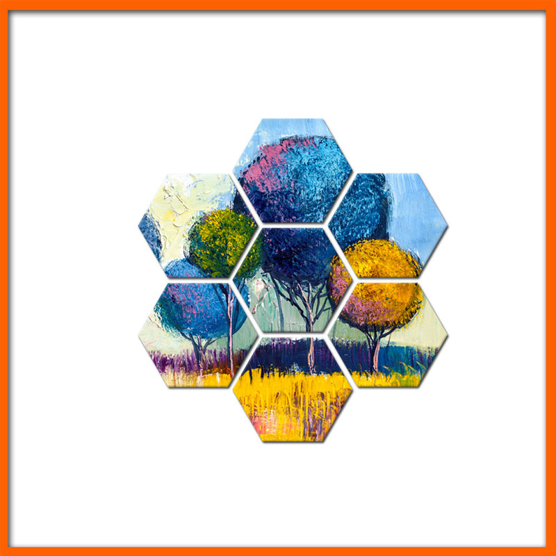 High On Happiness Colorful Artistic Tree Hexagonal Canvas Wall Painting - 7pcs