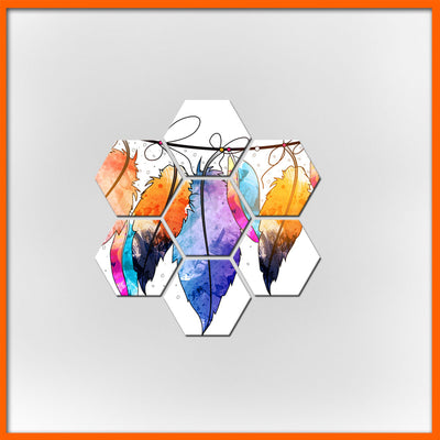 Boho Feather Design Hexagonal Canvas Wall Painting - 7pcs