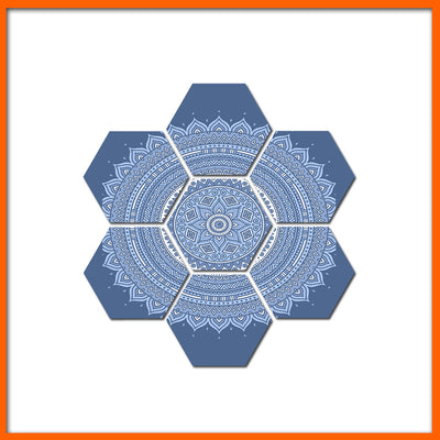 Blue Flower Mandala Hexagonal Canvas Wall Painting - 7pcs