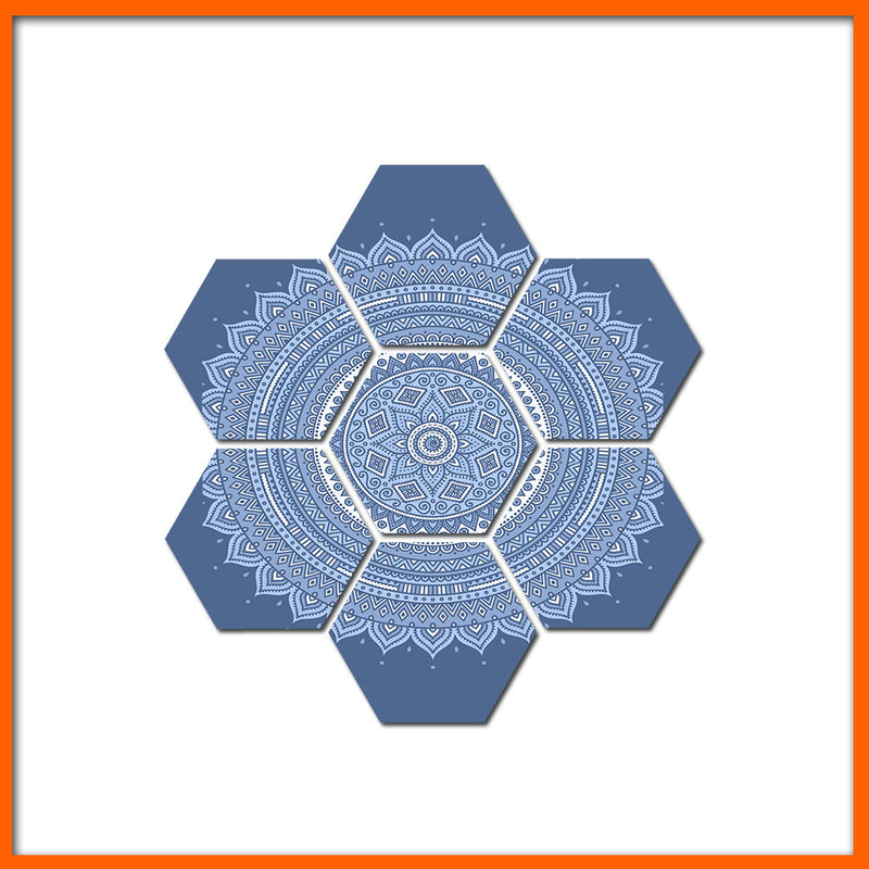 Blue Flower Mandala Hexagonal Canvas Wall Painting - 7pcs