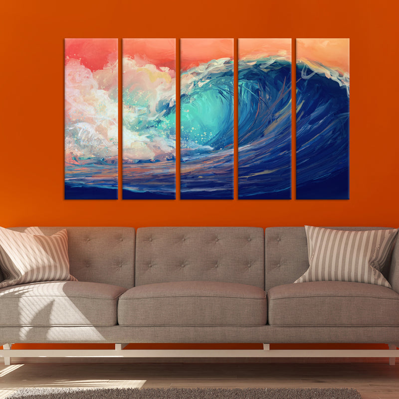 Colourful Sea Waves Canvas Wall Painting - With 5 Panel