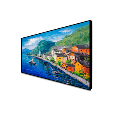 Mountains Near Blue Lake Artistic Scenery Canvas Floating Frame Wall Painting